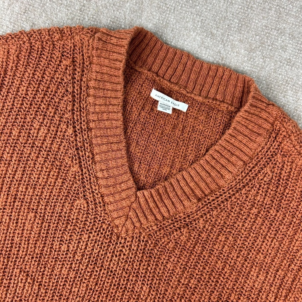 American Eagle Outfitters Sweater Women XS Rust Chunky Knit Ballon Sleeve V-Neck